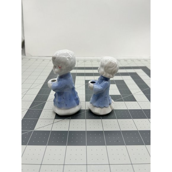 Set of Glazed Ceramic Girl and Boy Blue White Caroler Candle Holders - Picture 4 of 6